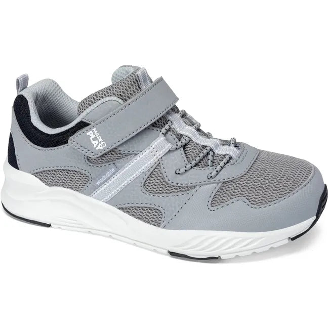 Angled view of Stride Rite Kids’ Player 2.0 Sneaker in Grey Mesh with velcro adjustable strap