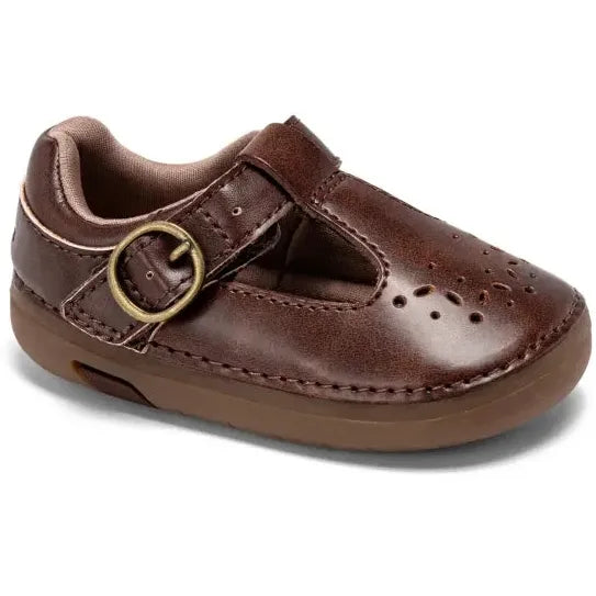 Angled side of Stride Rite Soft Motion Mara Mini Mary Jane Shoe in Cedar Brown leather