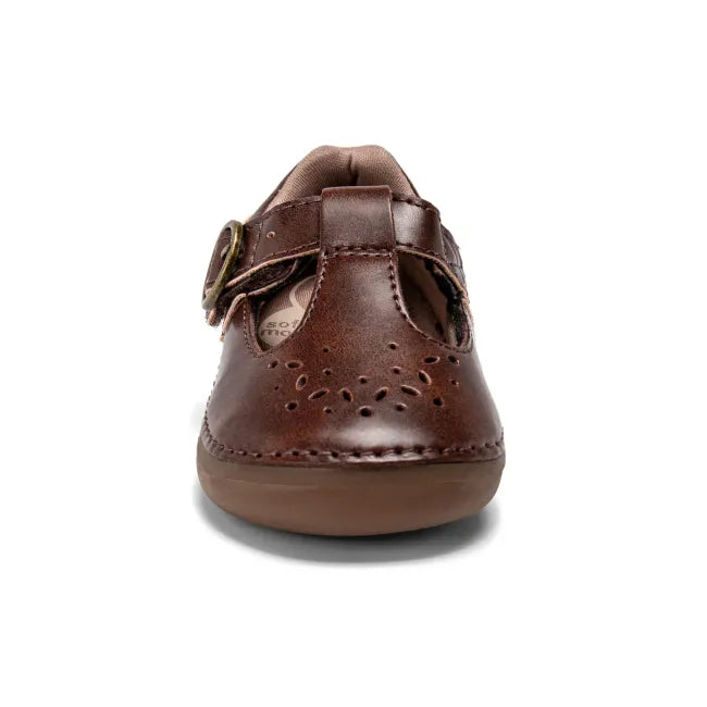 Front of Stride Rite Soft Motion Mara Mini Mary Jane Shoe in Cedar Brown Leather