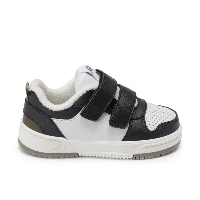 Lateral side of Stride Rite Kids Denver Sneaker in olive, white, and black leather and velcro straps