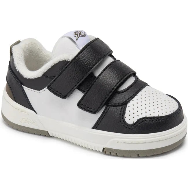 Angled view of Stride Rite Kids' Denver Sneaker in olive, white, and black leather and velcro straps