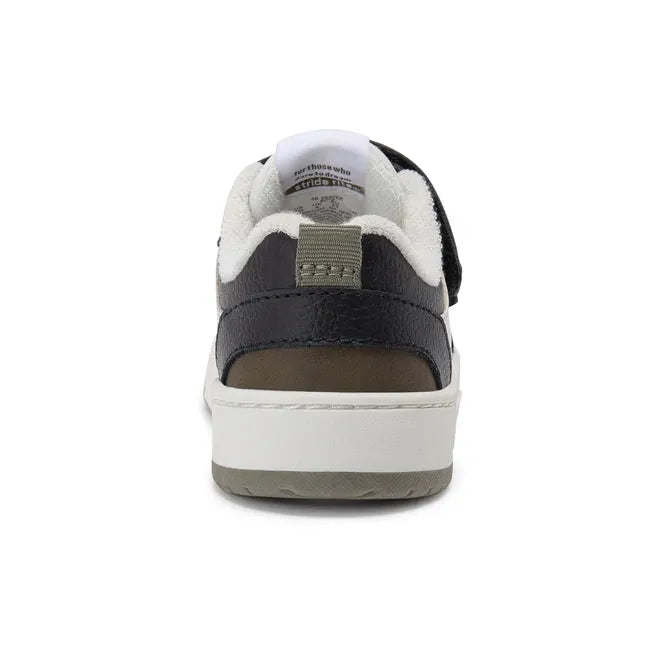 Heel of Stride Rite Kids' Denver Sneaker in olive, white, and black leather and velcro straps
