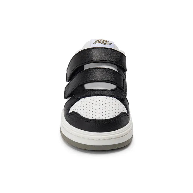 Front of Stride Rite Kids' Denver Sneaker in olive, white, and black leather and velcro straps