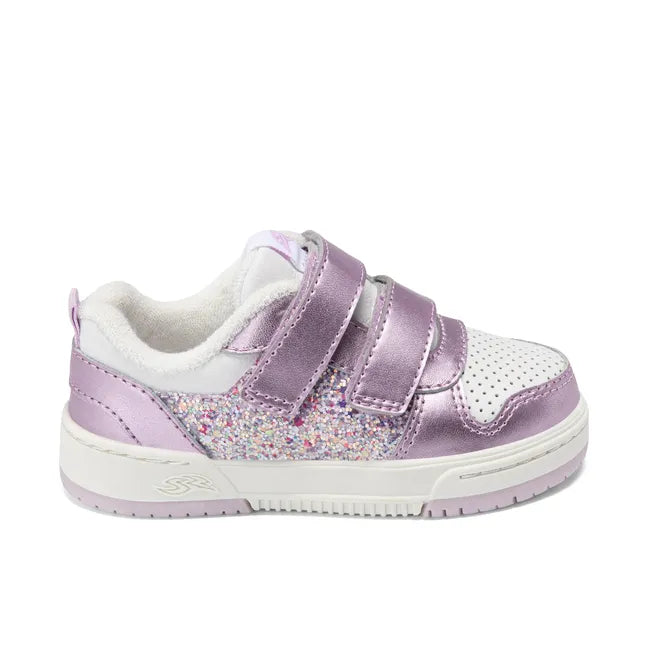 Lateral side of Stride Rite Kids' Denver Sneaker in Purple and White Leather with Glitter accents