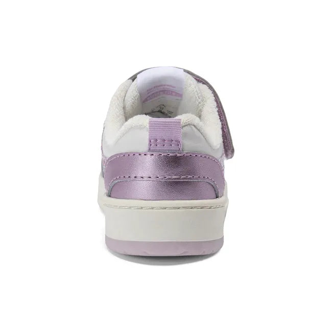Heel of Stride Rite Kids' Denver Sneaker in Purple and White Leather with metallic accents