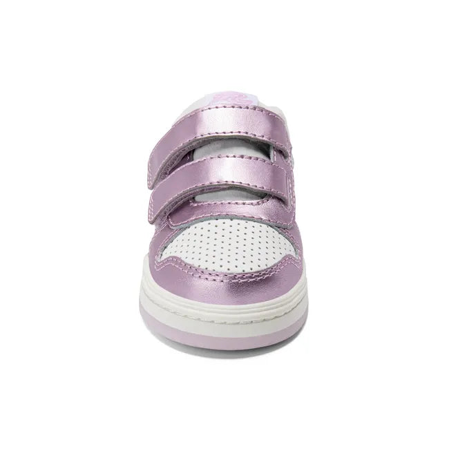 Front of Stride Rite Kids' Denver Sneaker in Purple Leather with Glitter accents and velcro straps