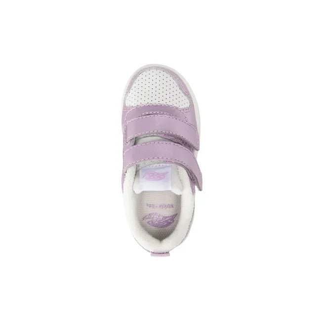 Upper of Stride Rite Kids' Denver Sneaker in Purple Leather with Glitter accents and velcro straps