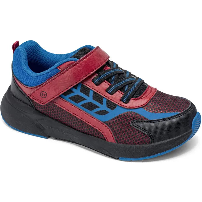 Angled view of Stride Rite Toddler Equilibrium Light Up Sneaker in Spiderman Black and Red