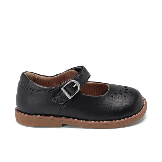 Lateral side of Stride Rite Kids' Mara Mary Jane Shoe in Black Leather with velcro strap
