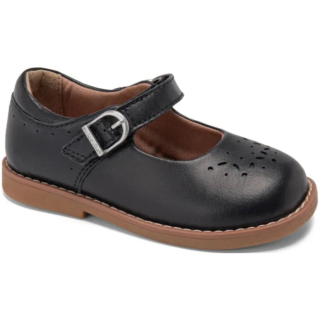 Angled view of Stride Rite Kids' Mara Mary Jane Shoe in Black Leather with velcro strap