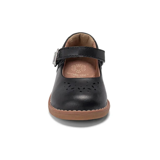 Front of Stride Rite Kids' Mara Mary Jane Shoe in Black Leather with velcro strap