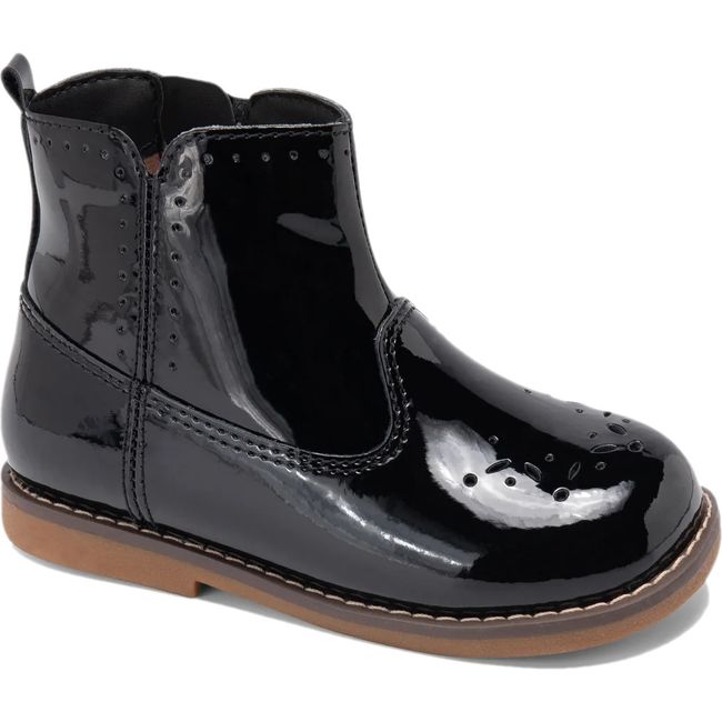 Front angled of Stride Rite Kids' Stella Boot in black patent leather