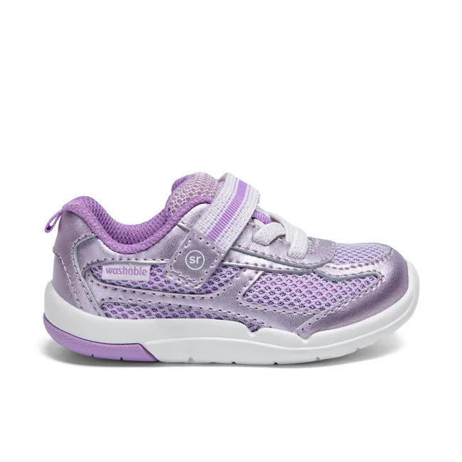 Lateral side of Stride Rite Kids’ Ian 2.0 Sneaker in Purple with velcro strap and elastic laces