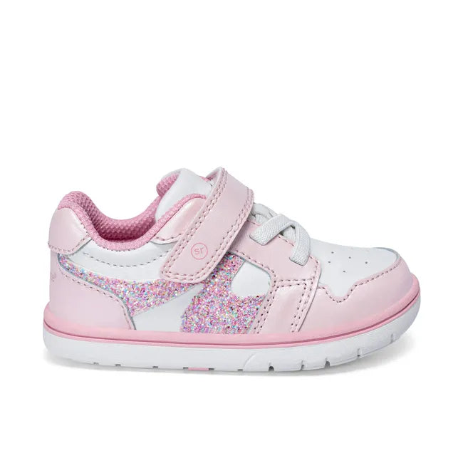 Lateral side of Stride Rite Kids London Sneaker in Soft Pink leather with velcro and elastic closure