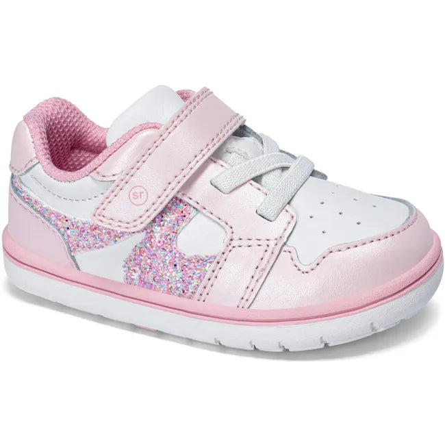 Angled view of Stride Rite Kids' London Sneaker in Soft Pink leather with velcro and elastic closure