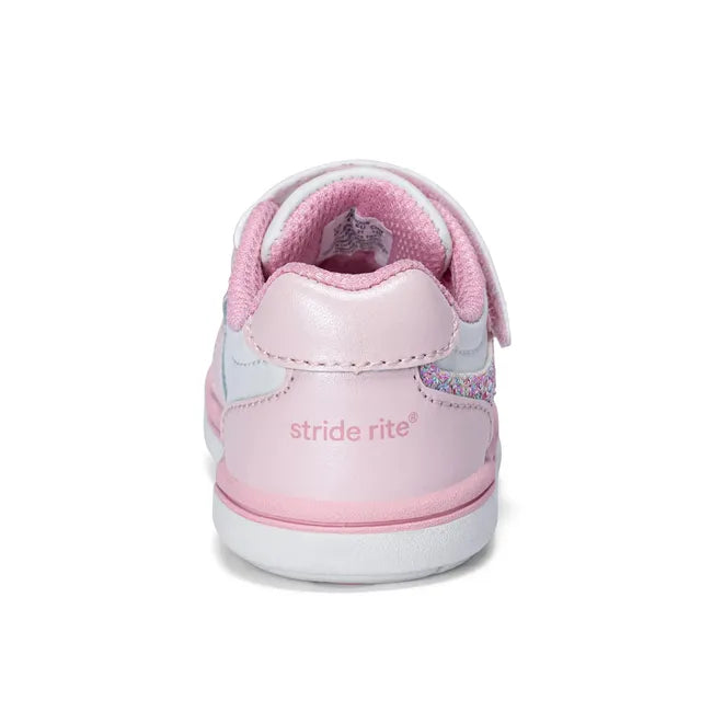 Heel of Stride Rite Kids' London Sneaker in Soft Pink leather with velcro and elastic closure