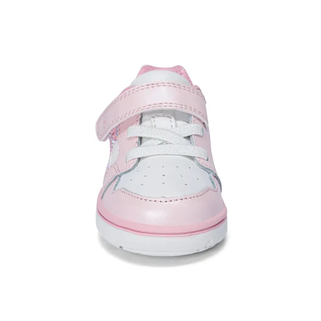 Front of Stride Rite Kids' London Sneaker in Soft Pink leather with velcro and elastic closure