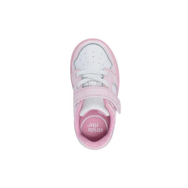 Upper of Stride Rite Kids' London Sneaker in Soft Pink leather with velcro and elastic closure