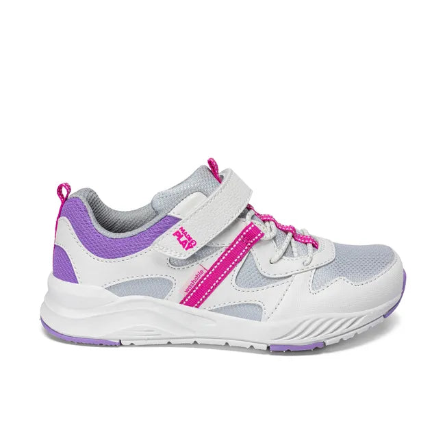 Lateral side of Stride Rite Kids’ Player 2.0 Sneaker in White Mesh with velcro adjustable strap