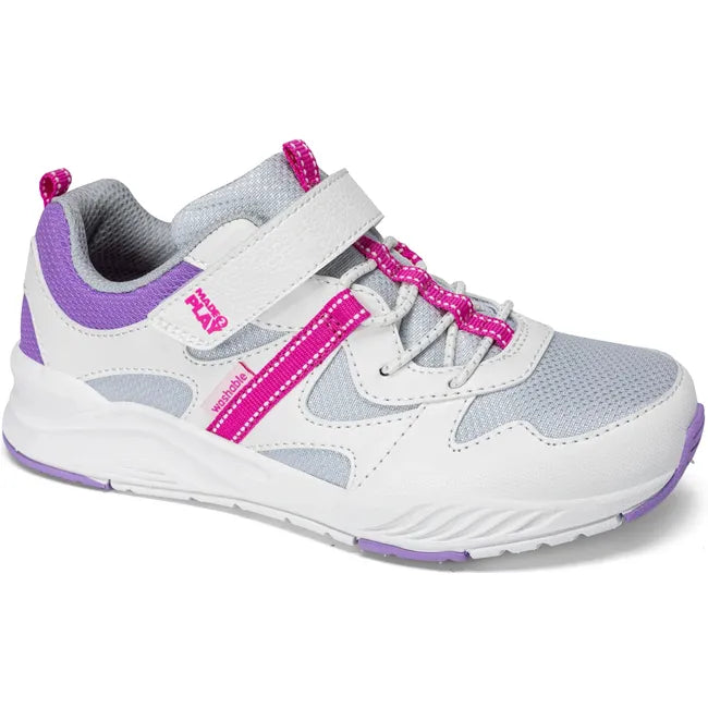 Angled view of Stride Rite Kids’ Player 2.0 Sneaker in White Mesh with velcro adjustable strap