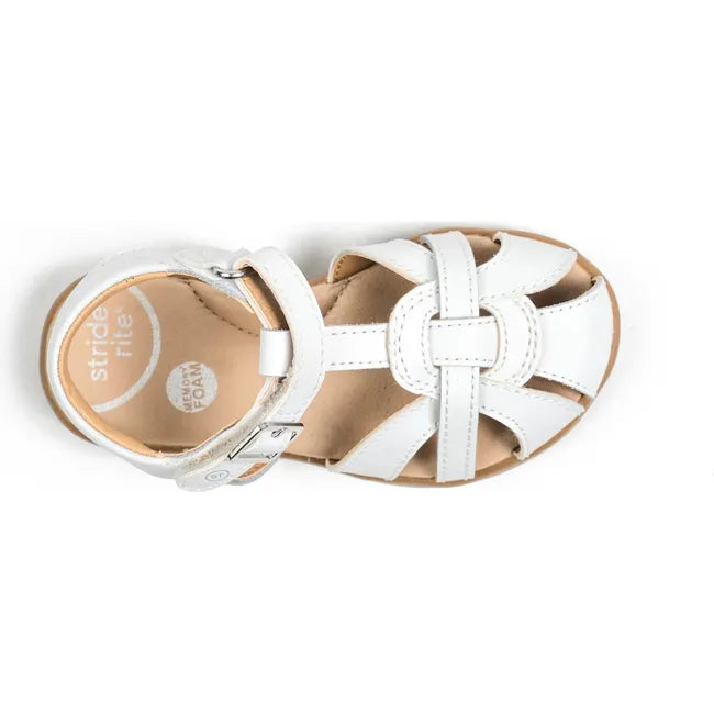 Upper of Little Kids Stride Rite Summer Time Closed Toe Sandal in White Leather with velcro