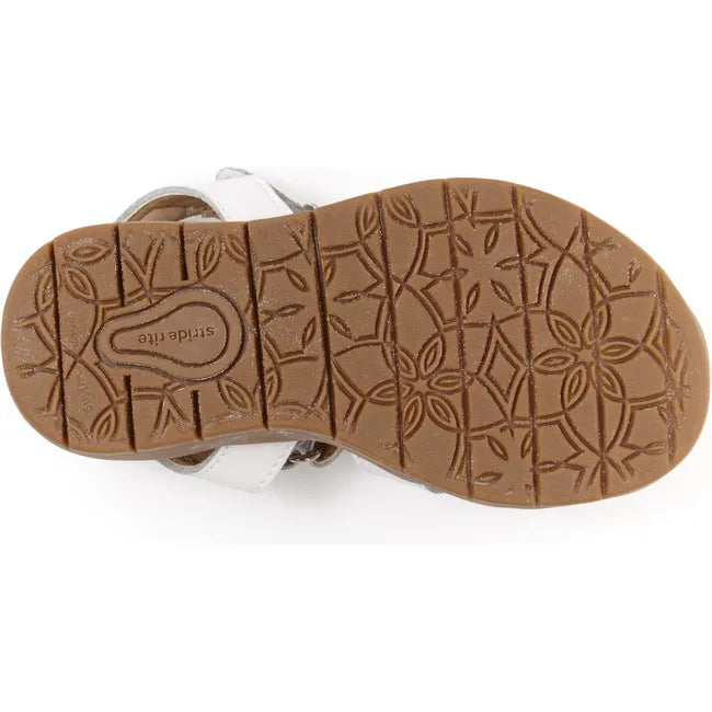 Tan sole of Little Kids Stride Rite Summer Time Closed Toe Sandal in White Leather with velcro