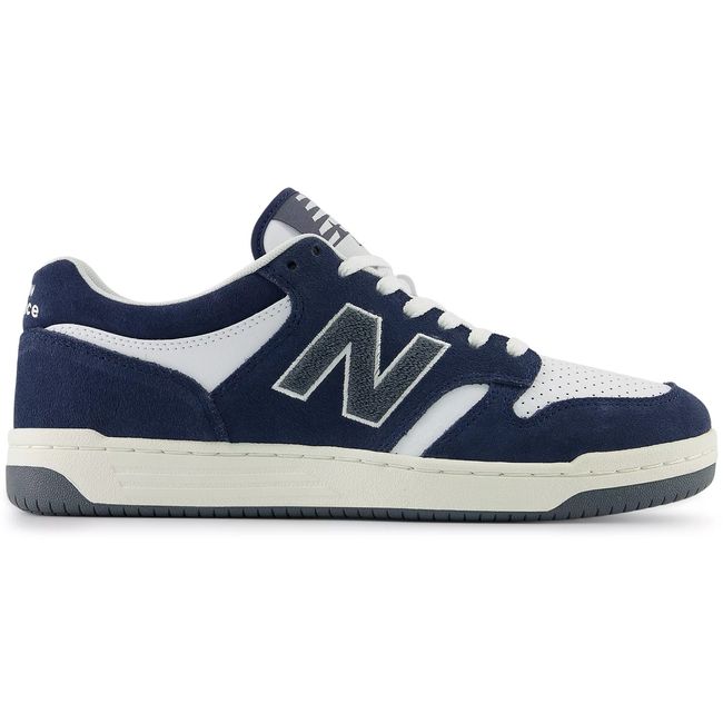 New Balance 480 in navy leather with a white cup outsole, lateral view