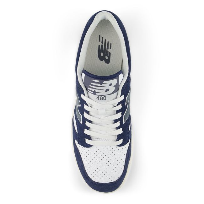 Top down view of the New Balance 480 pair in navy leather with white laces