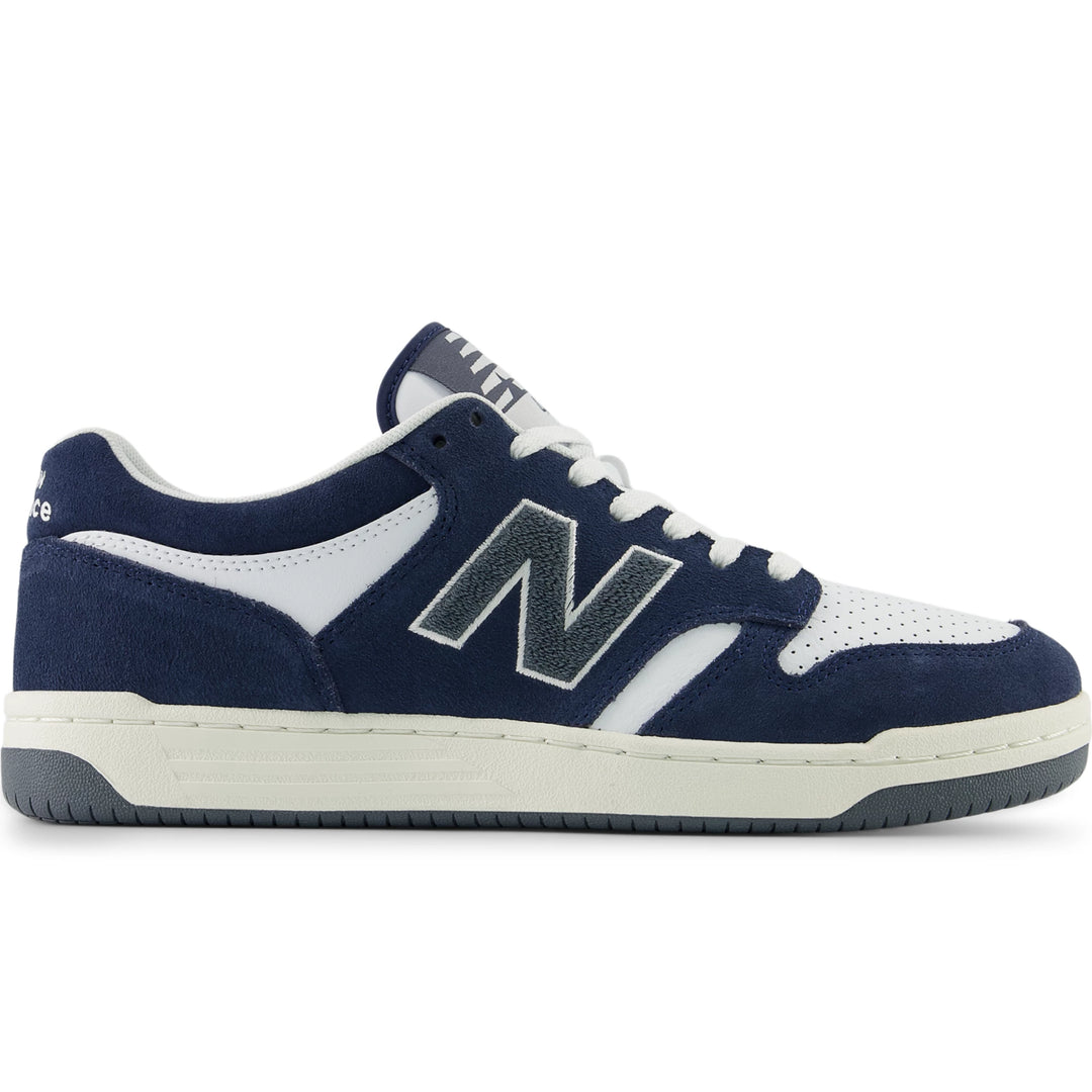 Side of New Balance Unisex 480 sneaker in NB Navy/White