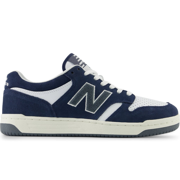 Side of New Balance Unisex 480 sneaker in NB Navy/White