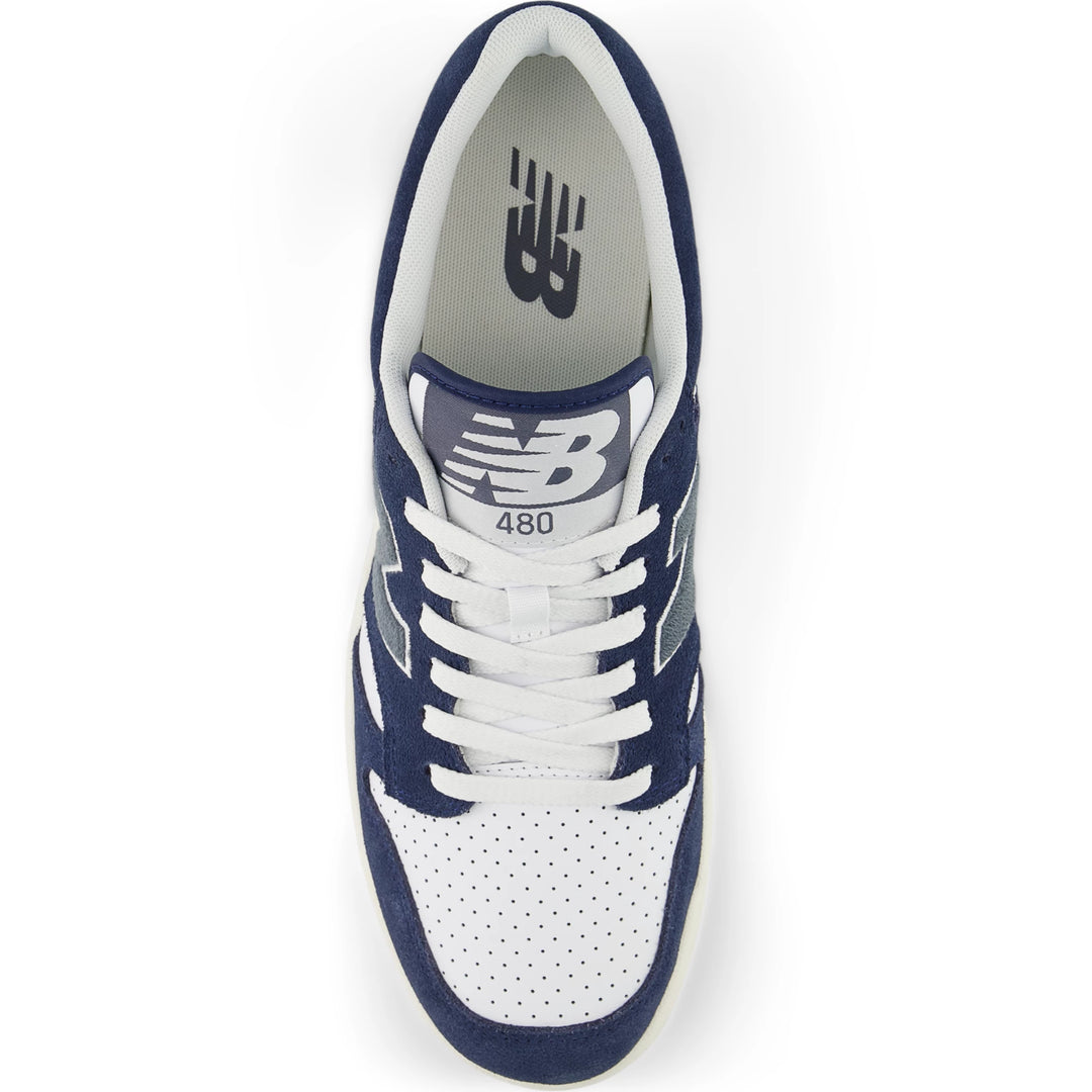 Top of New Balance Unisex 480 sneaker in NB Navy/White
