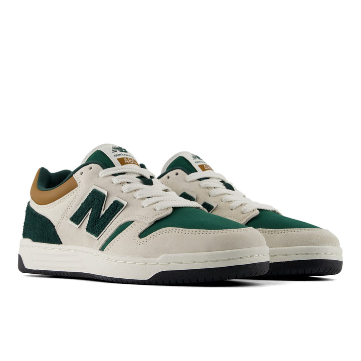 New Balance 480 Lifestyle Shoe in Linen/Nordic Green, three-quarter front view
