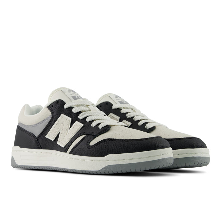 New Balance 480 Lifestyle Shoe in Black/Sea Salt, three-quarter front view