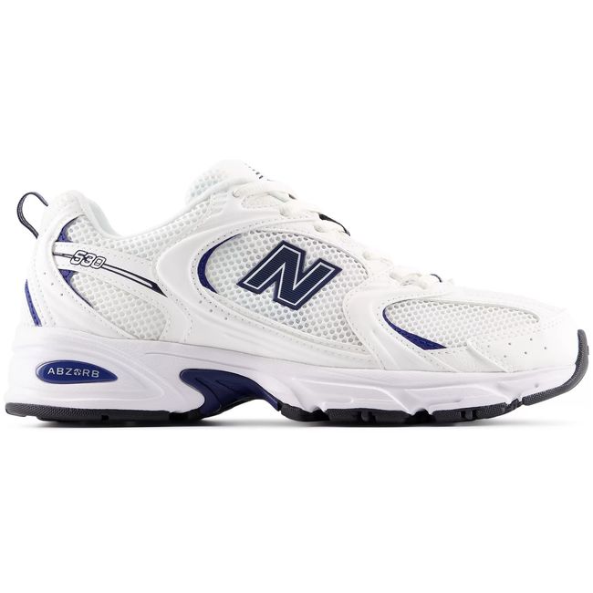 New Balance 530 in bright white with deep navy detailing, lateral view