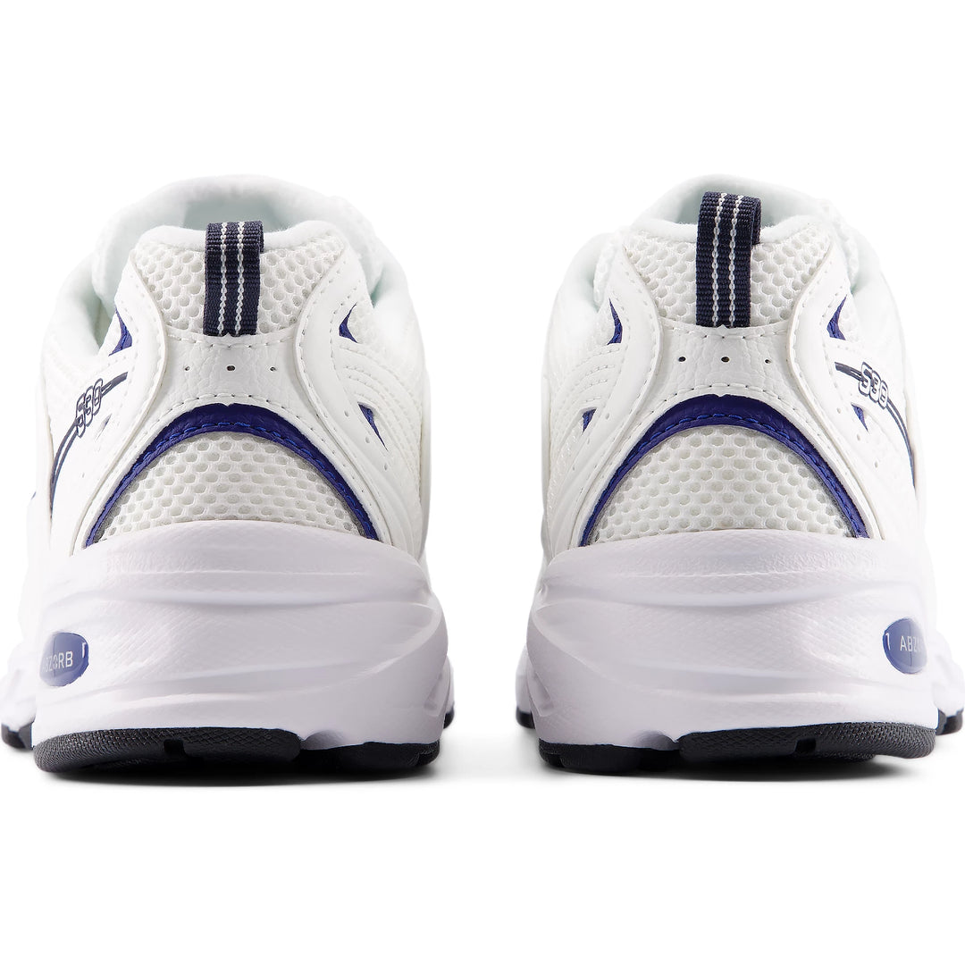 Rear view of New Balance Unisex 530 sneaker in Sea Salt/Blue Oyster