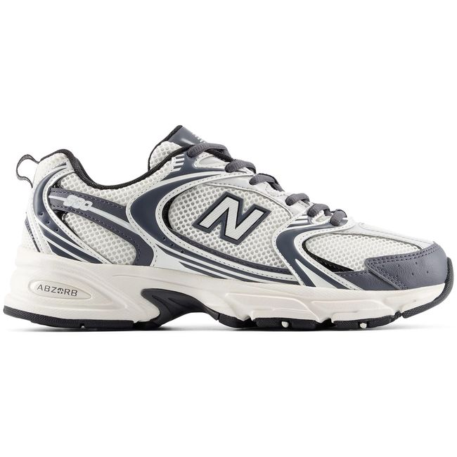 New Balance 530 in off-white with charcoal grey overlays and ABZORB heel