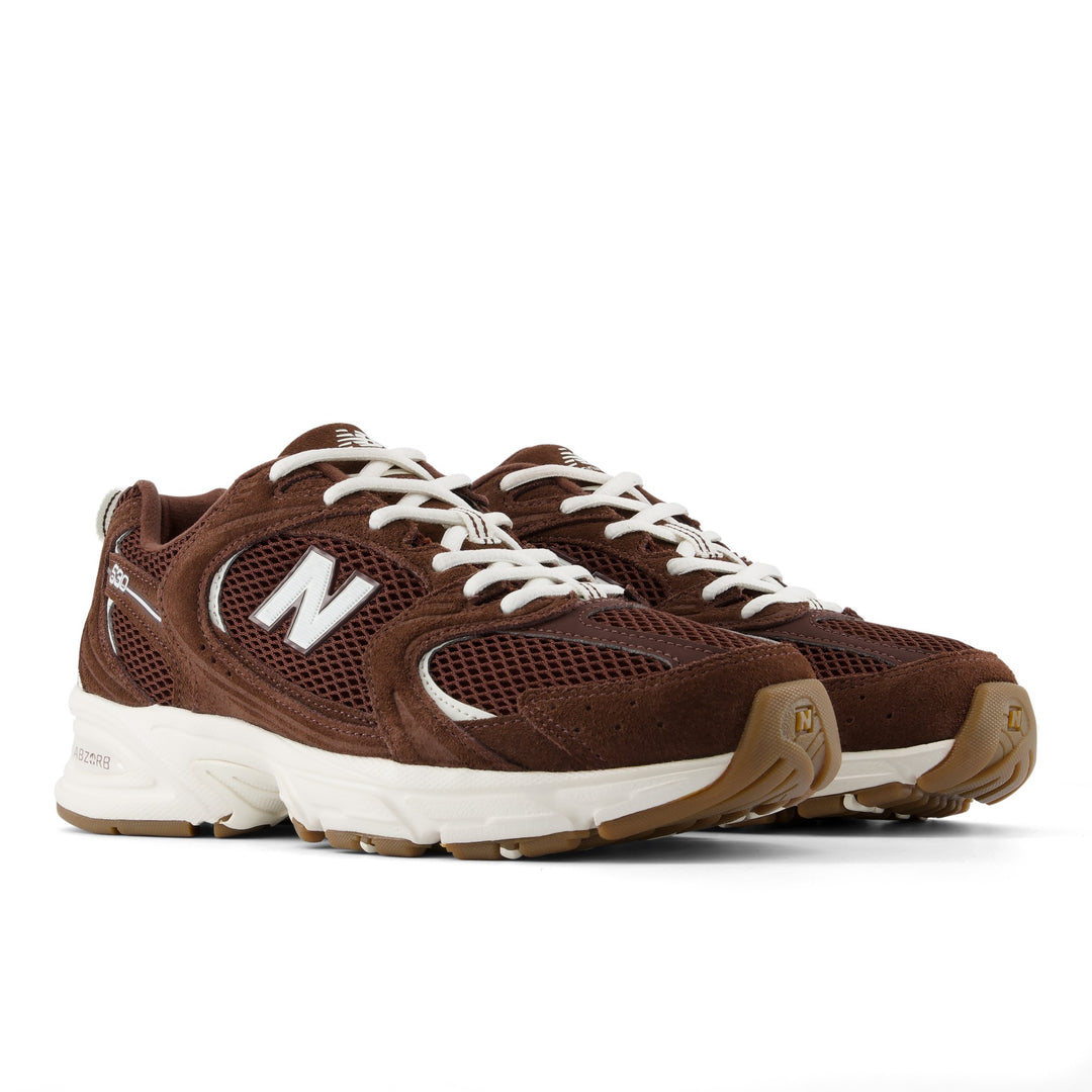 New Balance 530 Lifestyle Shoe in Pumpernickel/Sea Salt, three-quarter front view