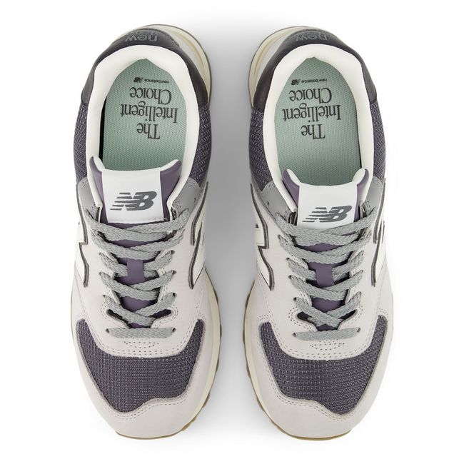 New Balance 574 Lifestyle shoe in grey matter and dark silver metallic, top view.