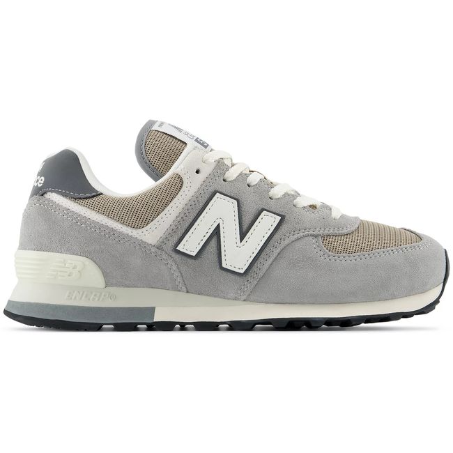 New Balance 574 in grey suede with warm stone mesh panels, lateral view