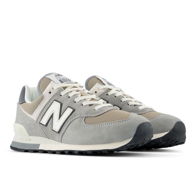 Pair of New Balance 574 sneakers in grey suede with warm stone panels