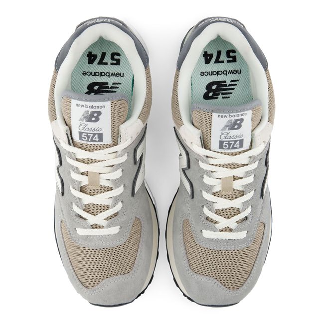 Top down view of the New Balance 574 pair in grey suede and stone mesh