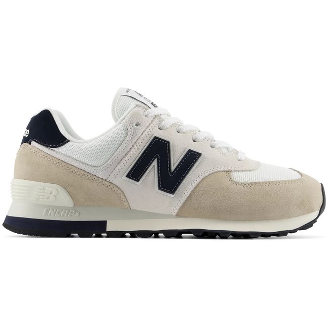 New Balance 574 in cream suede with navy accents and an ENCAP midsole, lateral view