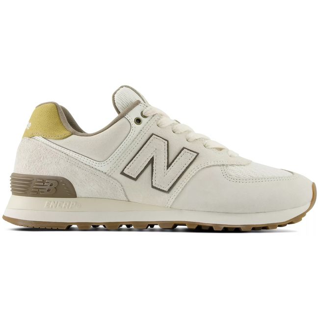 New Balance 574 in cream suede with olive accents and a gum outsole