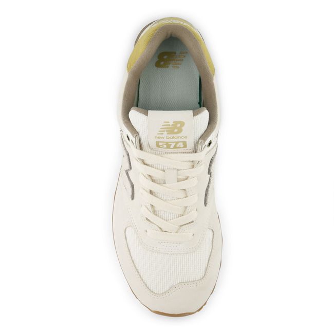 Top down view of the New Balance 574 pair in cream suede and mesh