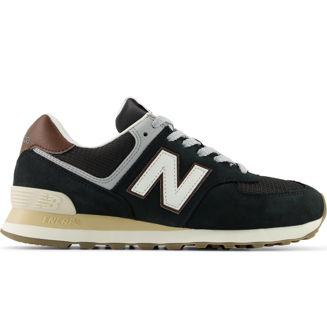 Side of New Balance Unisex 574 sneaker in Brown/Dark Silver Metallic