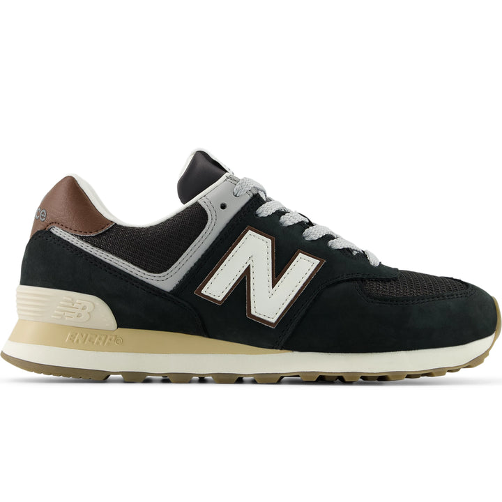 Side of New Balance Unisex 574 sneaker in Brown/Dark Silver Metallic
