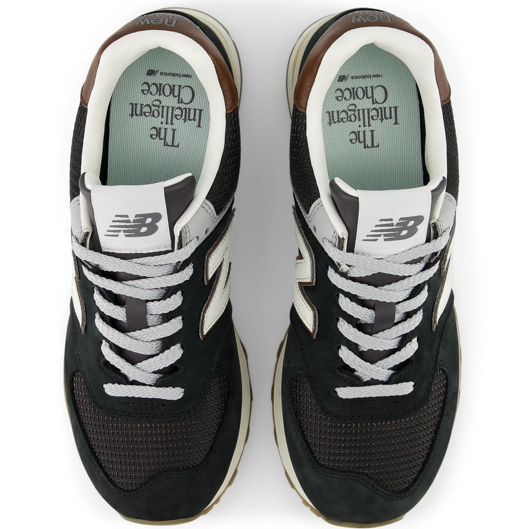 Top of New Balance Unisex 574 sneaker in Brown/Dark Silver Metallic
