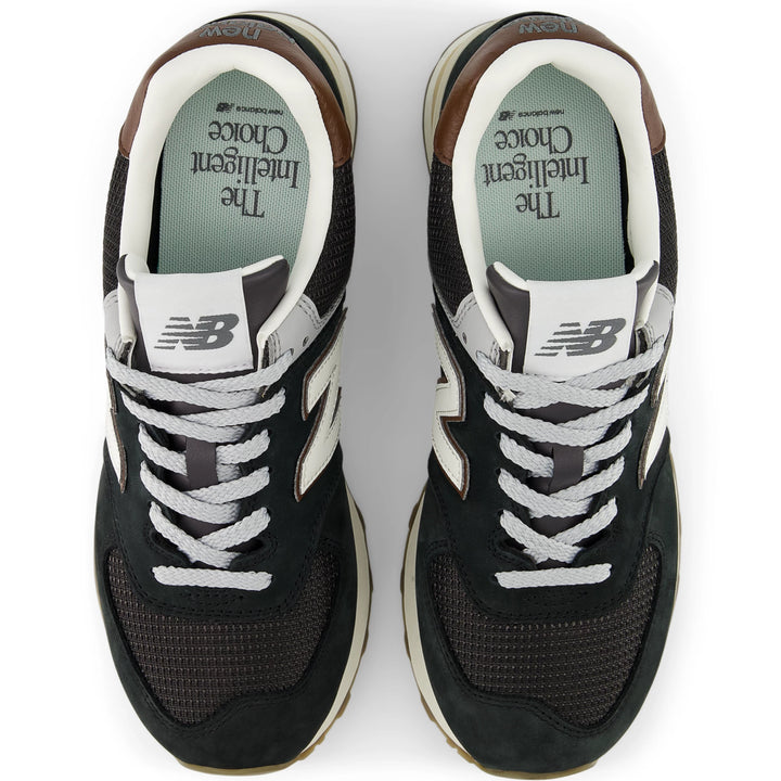 Top of New Balance Unisex 574 sneaker in Brown/Dark Silver Metallic