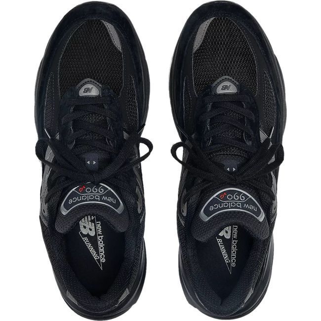 Top down view of Unisex New Balance 990v6 Running Shoes in all black mesh and suede