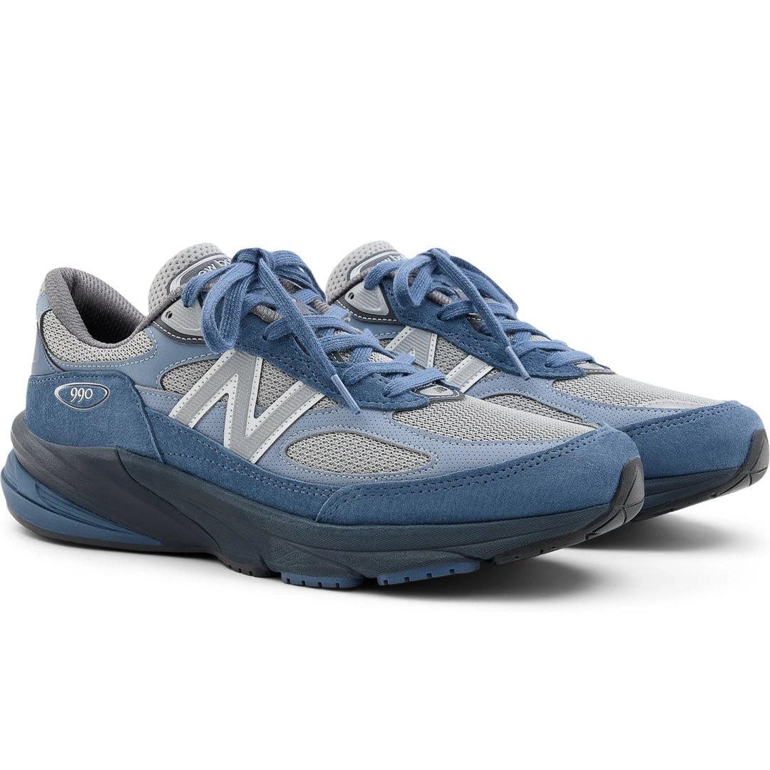 Angled view of New Balance Unisex 990v6 sneakers in Vintage Indigo/Eclipse/Slate Grey